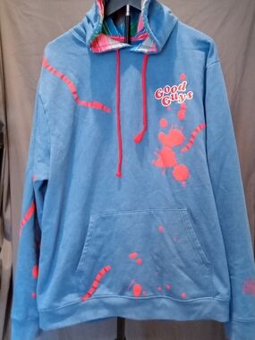 Universal Studios Good Guys Blue Hoodie Red Paint-Splash Accents Men Size XL